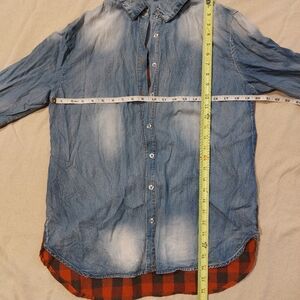 Blue Denim Button-Up Shirt with Red Plaid Detail